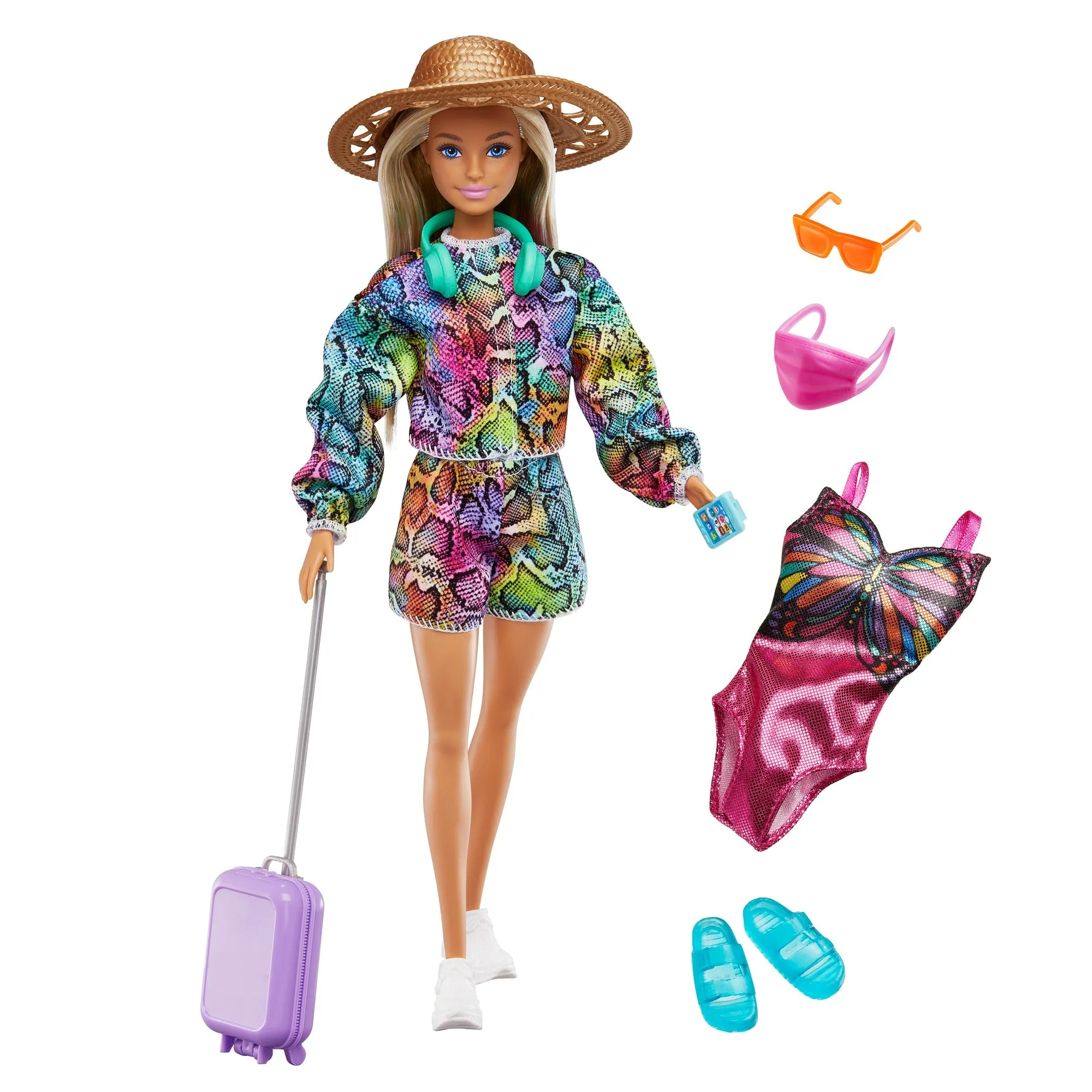 Barbie Holiday Fun Doll & Accessories Set with 12 Inches Blonde Highlighted Hair Doll, Travel Tote & Hat, Swimsuit & Summer Accessories for Kids Ages 3 