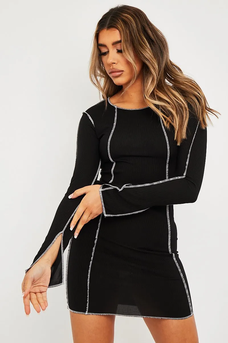 Black White Contrast Stitch Ribbed Mini Dress - Daniah