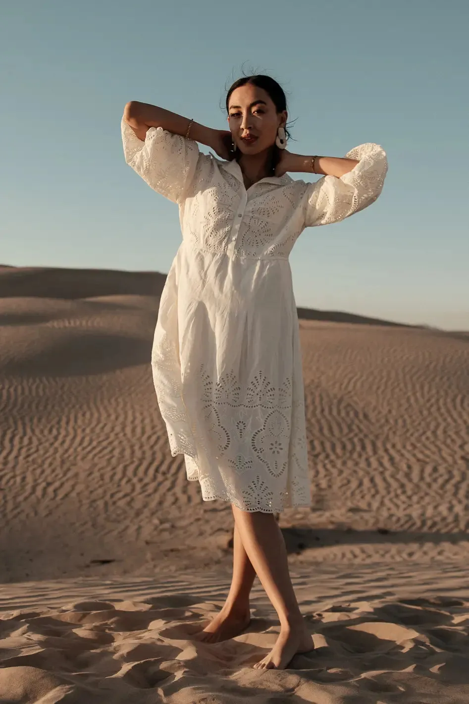 Eleanor Eyelet Lace Midi Dress in Cream