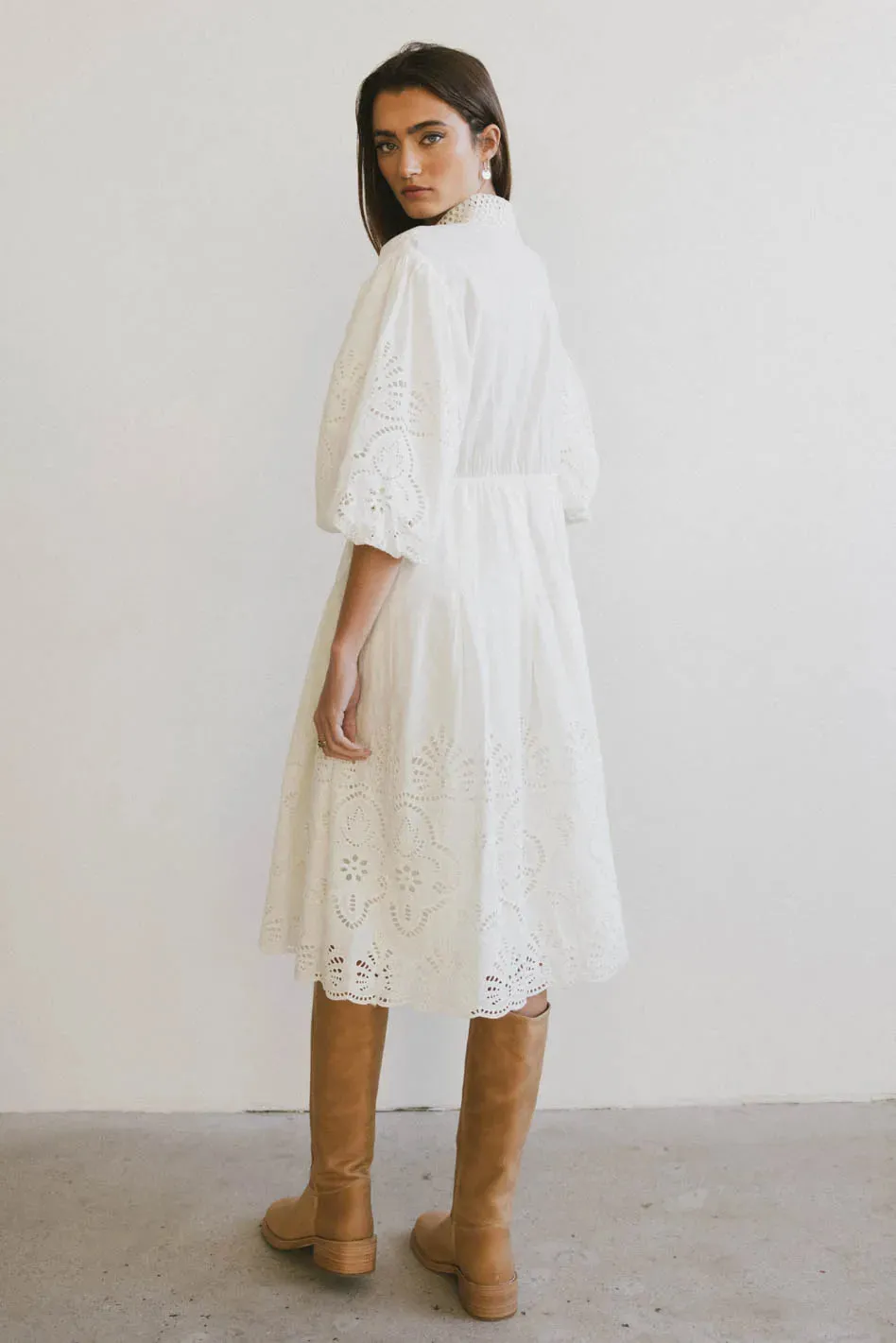 Eleanor Eyelet Lace Midi Dress in Cream