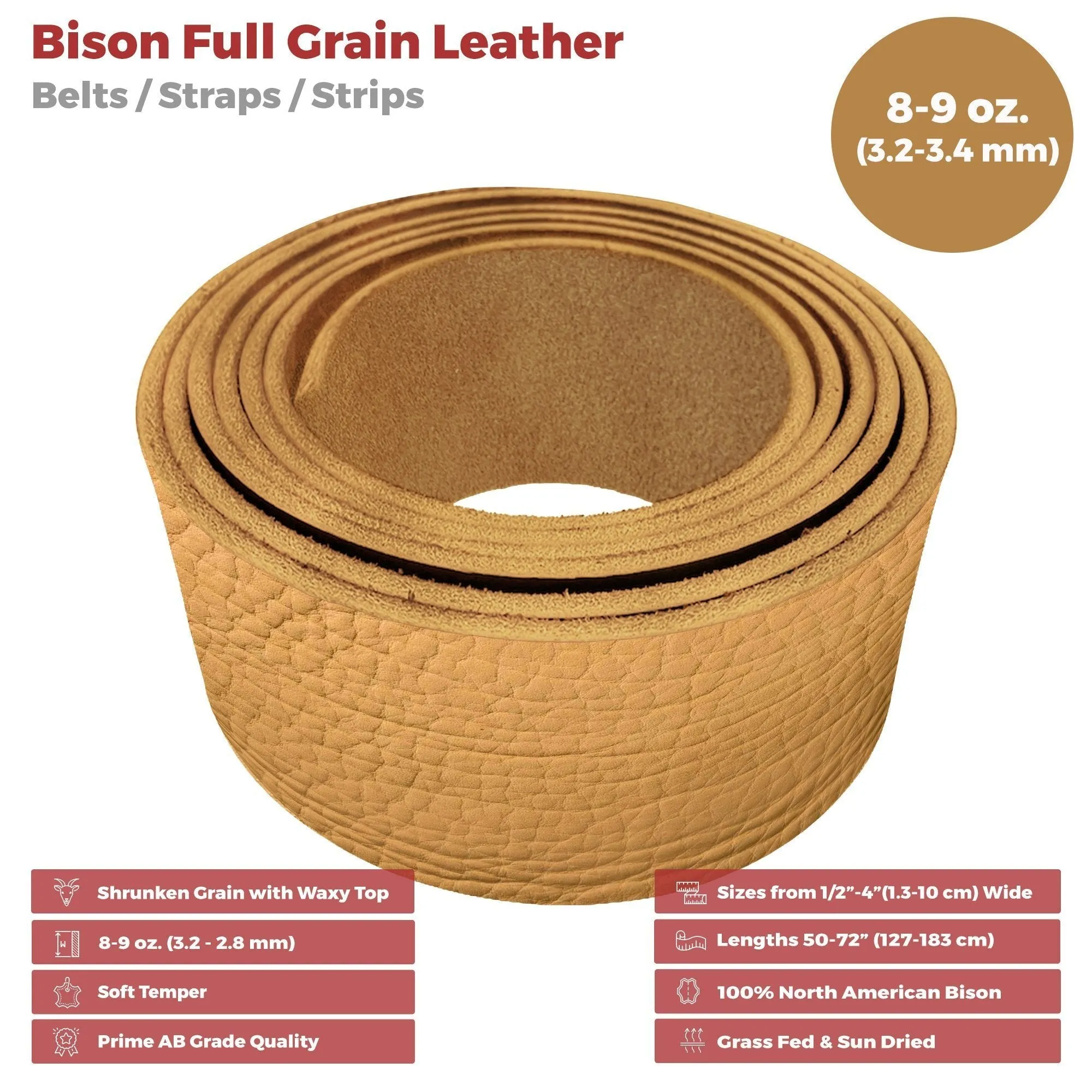 ELW Genuine American Leather Bison 8-9 oz (3.2-3.4mm) Thickness 84" Length Straps, Belts, Strips  Full Grain Hide DIY Craft Projects, Bag, Chap, Moccasins, Jewelry, Wrapping