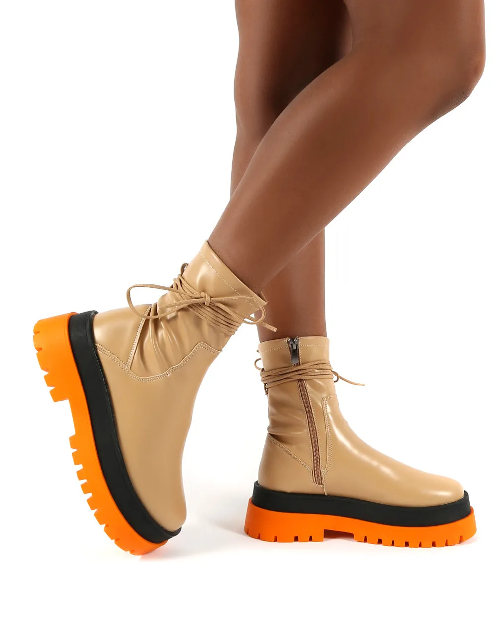 Finale Camel Pu Multi Chunky Sole Ankle Wrap Boots