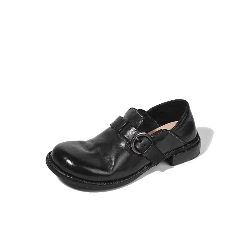 Goodyear Horse Leather Loafers For Women Buckle Detail with Leather Sole in Black/Green