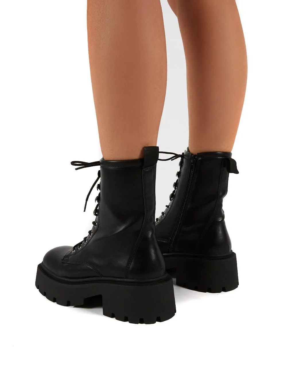 Leader Black Lace Up Chunky Sole Biker Boots