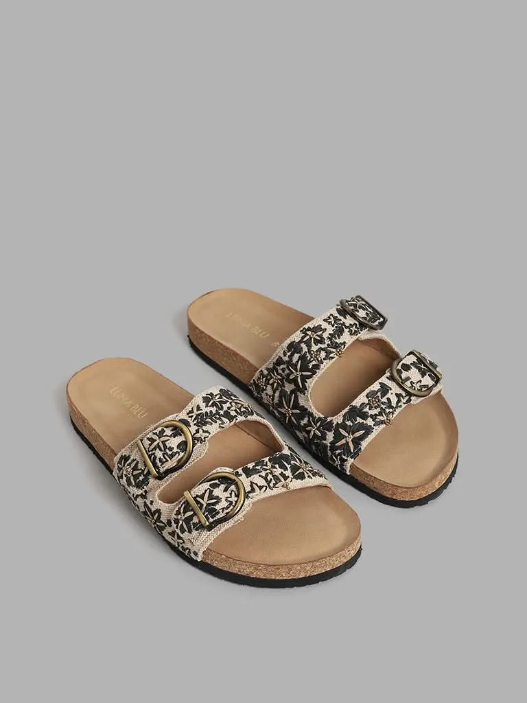 LUNA BLU Black Comfort Sandals with Embroidery and Buckle Strap