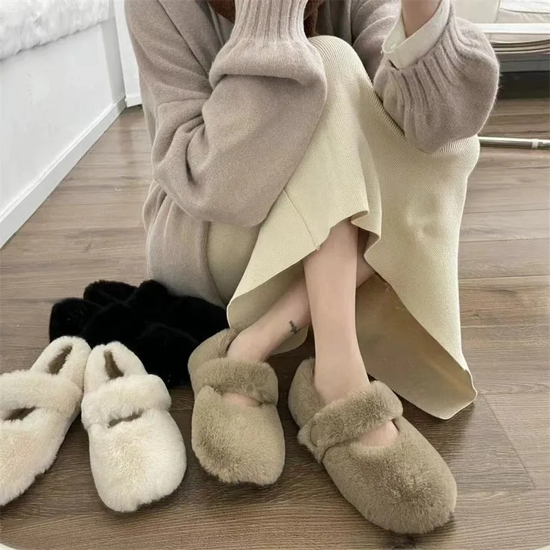 Mary Jane Fluffy Shoes Women's Winter Outerwear Flats