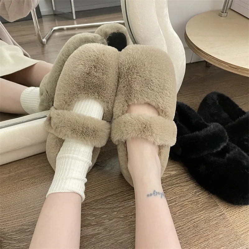 Mary Jane Fluffy Shoes Women's Winter Outerwear Flats