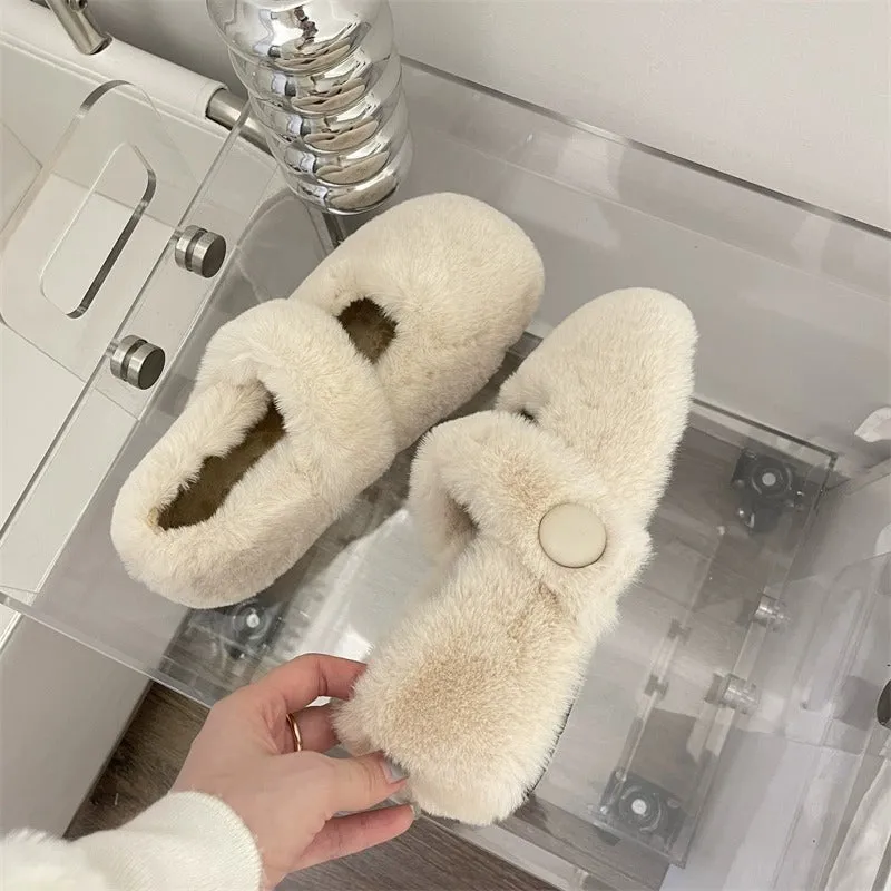 Mary Jane Fluffy Shoes Women's Winter Outerwear Flats