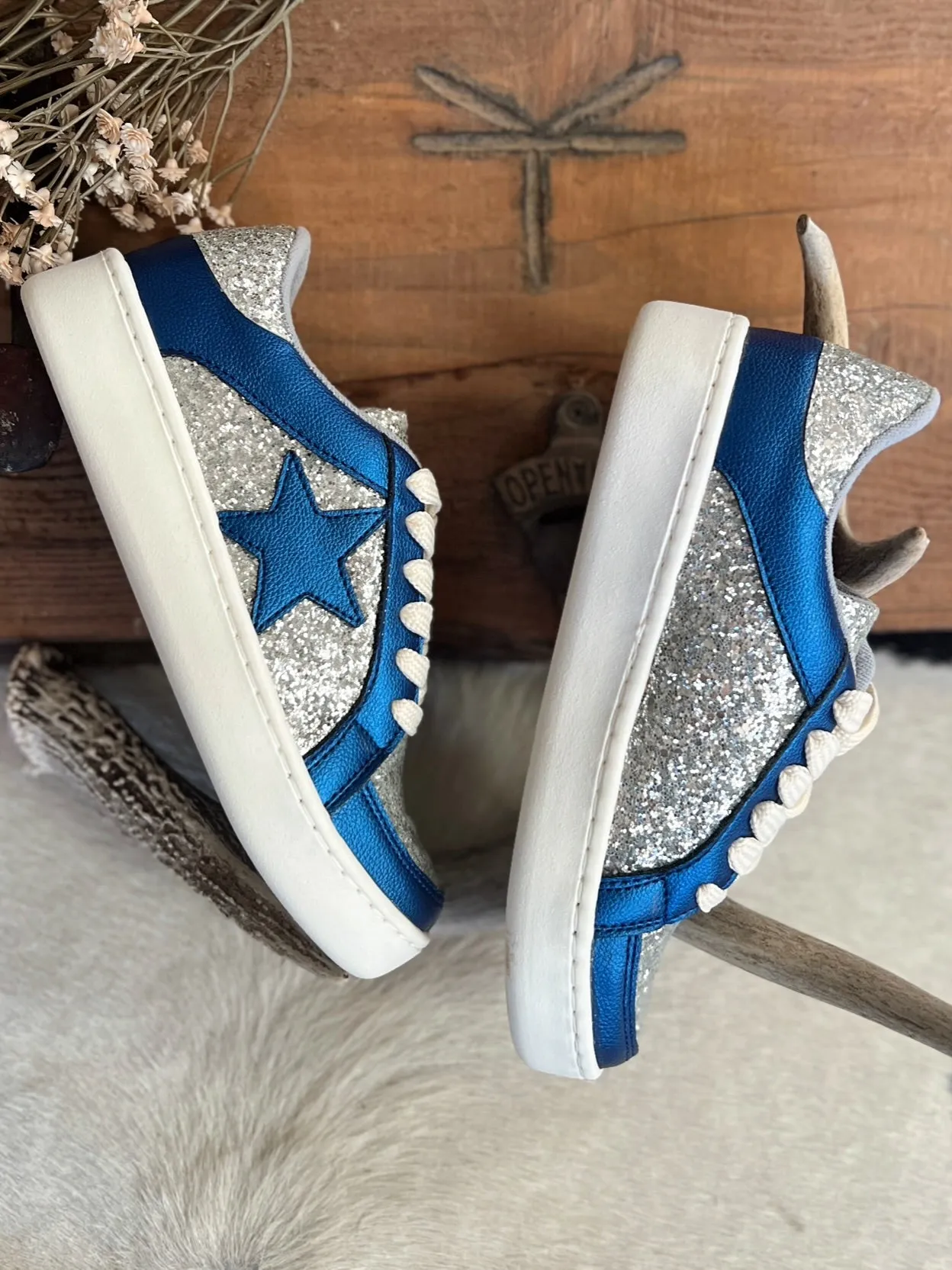 Metallic Blue And Silver Glitter Sneakers