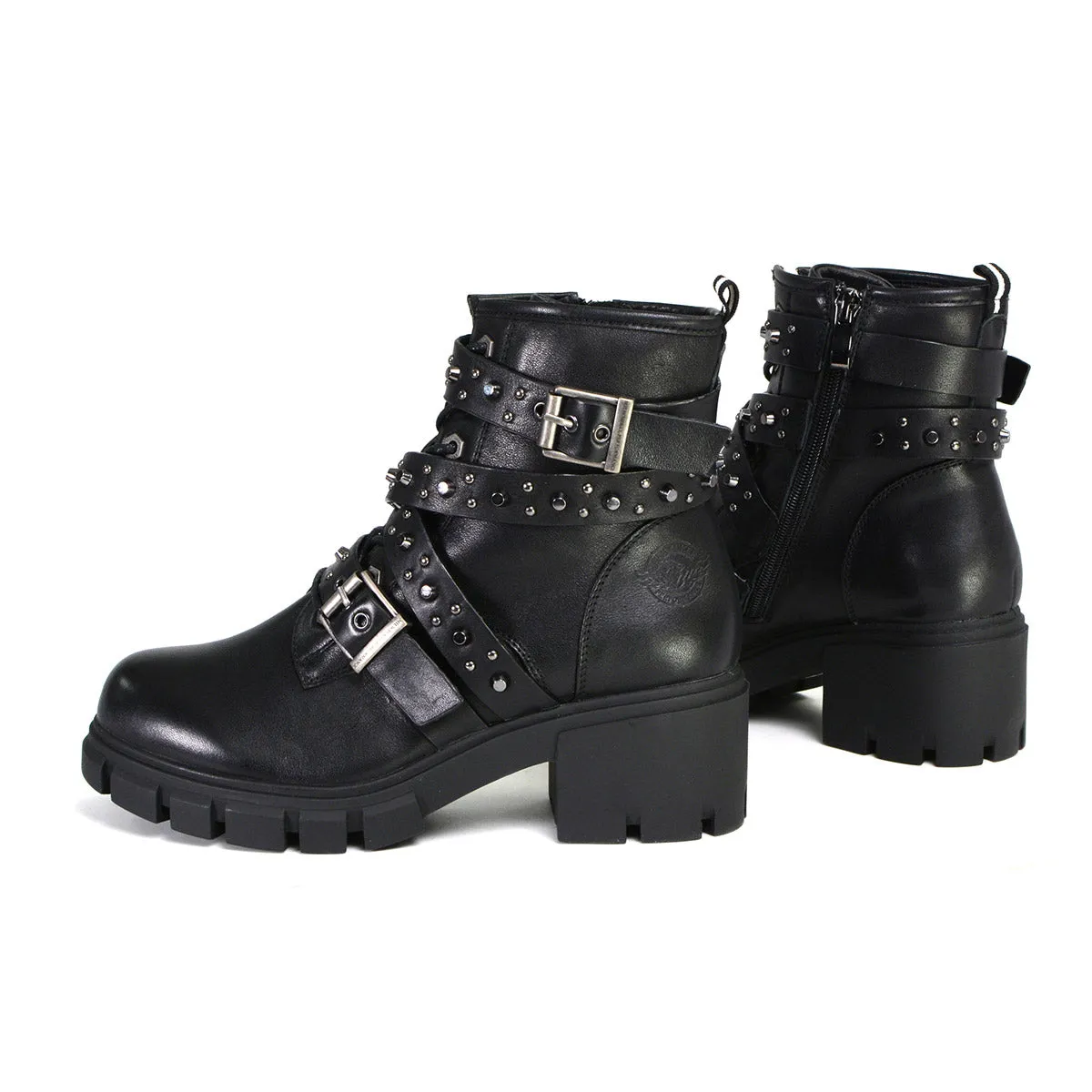 Milwaukee Leather MBL9444 Women's ‘Bruiser’ Premium Black Leather Lace-Up Fashion Boots with Studded Straps