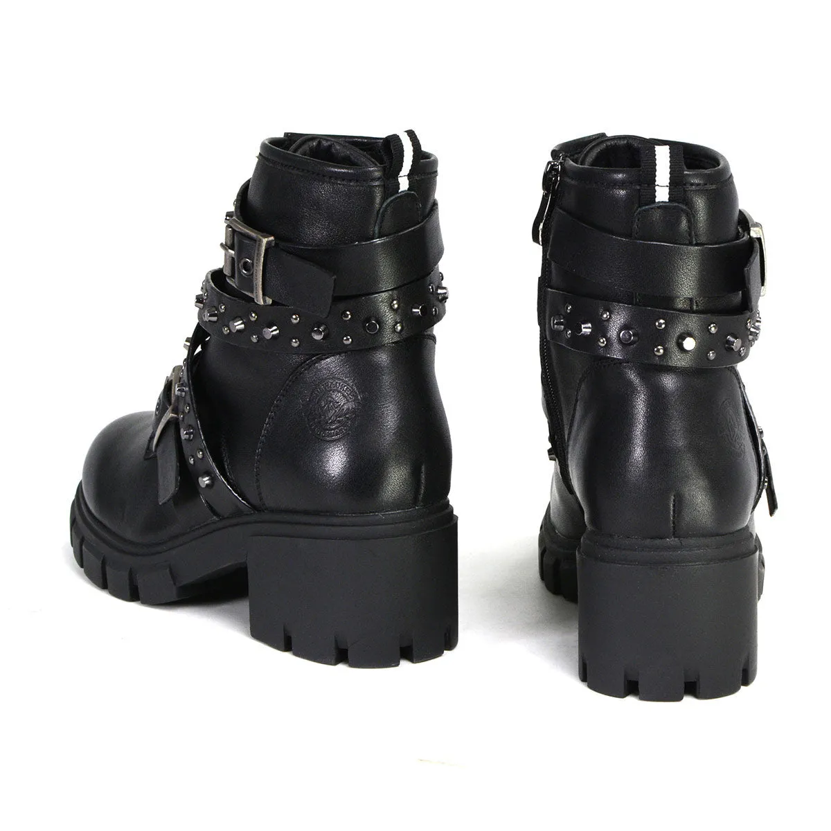 Milwaukee Leather MBL9444 Women's ‘Bruiser’ Premium Black Leather Lace-Up Fashion Boots with Studded Straps