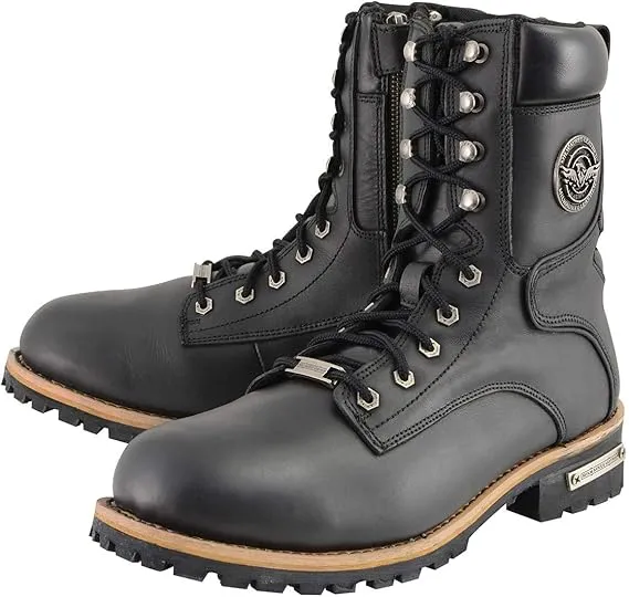 Milwaukee Leather MBM9095 Men’s Classic Black Logger Lace-Up Boots with Side Zipper