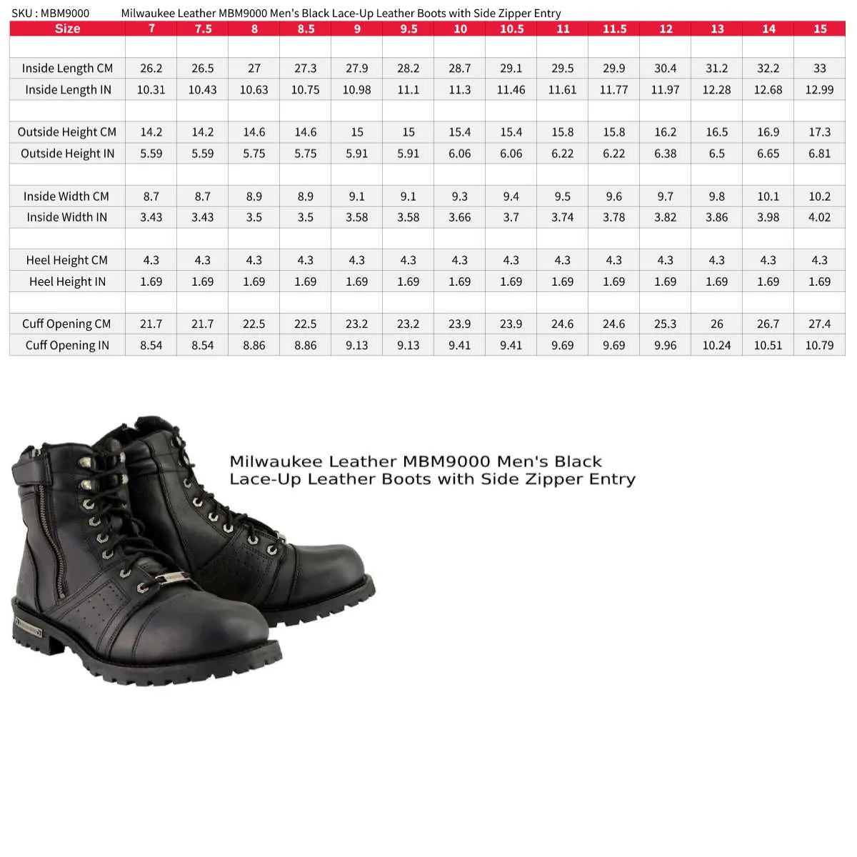 Milwaukee Leather Men's Black Lace-Up Motorcycle Riding Leather Boots with Side Zipper Entry MBM9000