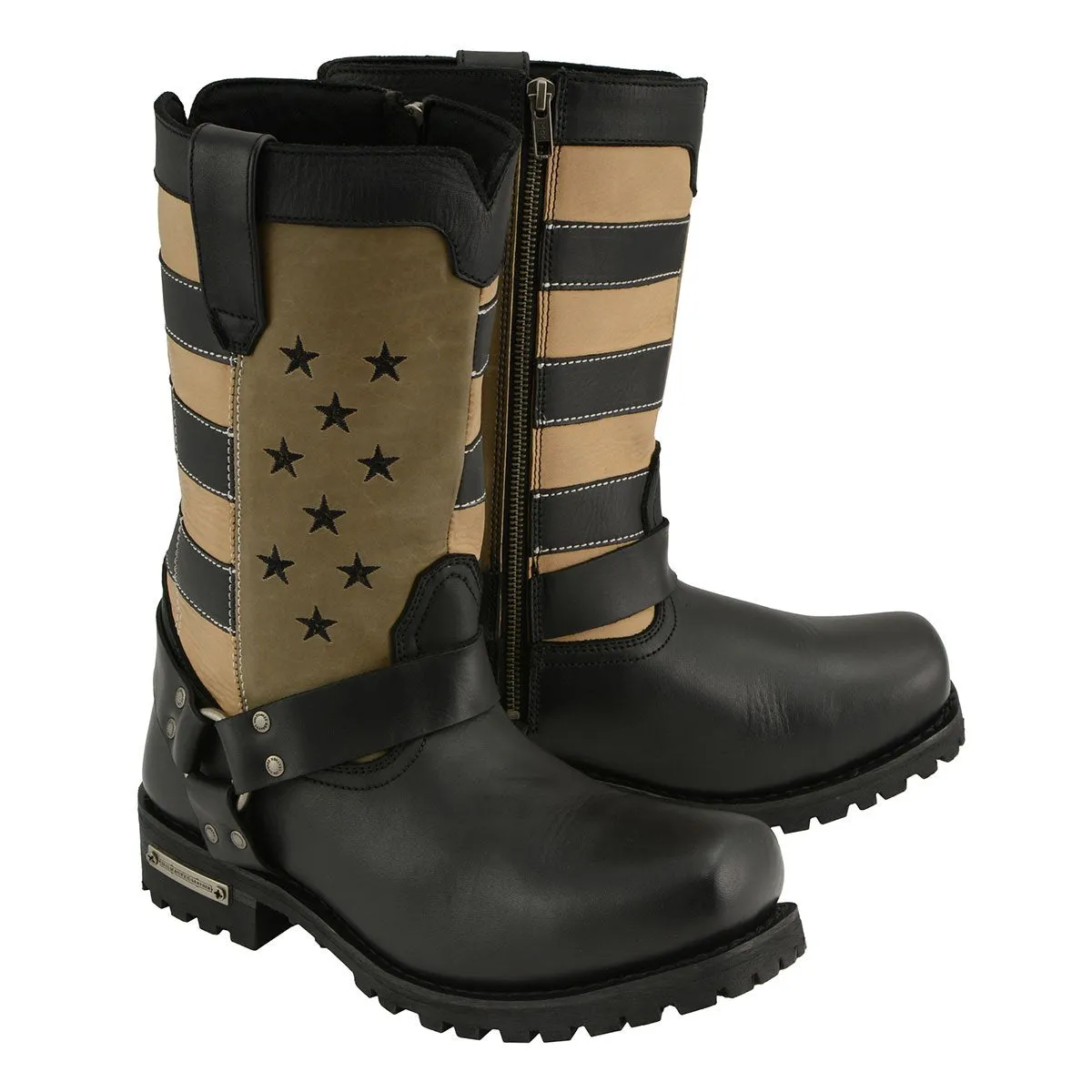 Milwaukee Leather Men's Stars and Stripes Black with Tan Motorcycle Rider Harness Boots MBM9045