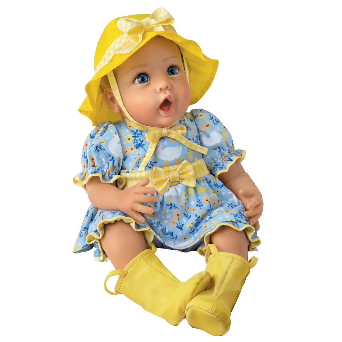 The Ashton-Drake Galleries Singing in The Rain So Truly Real® Interactive Lifelike Baby Girl Doll That Babbles with Custom 4-Piece Rain Themed Ensemble Complete with Rain Boots and A Bucket Hat 21"-Inches