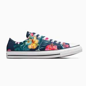 Tropical Floral Pattern on Navy Low Top Converse Shoes - Men's and Women's Custom Tie Lace Up Sneakers