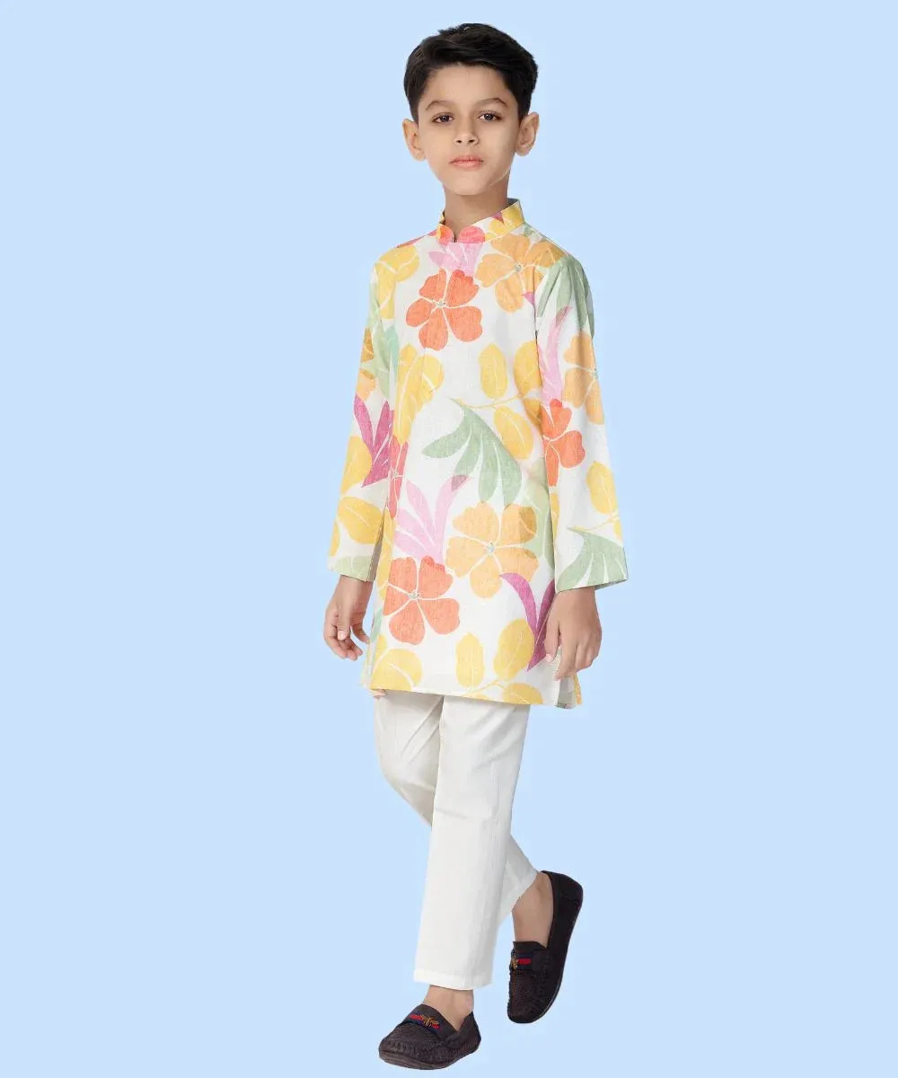 White Printed Kurta Set for Boys