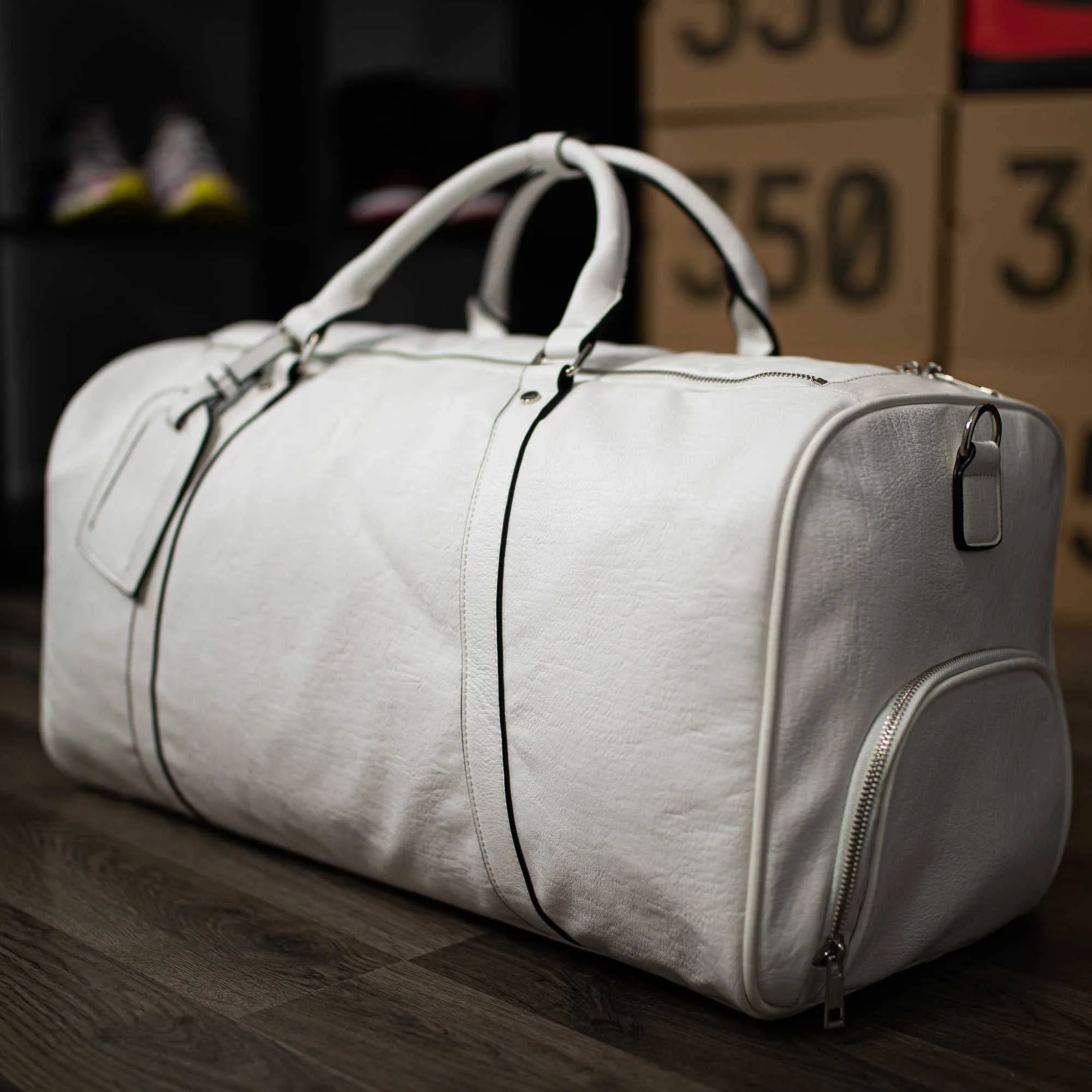 White Tumbled Leather 2 Bag Set (Commuter and Duffle)