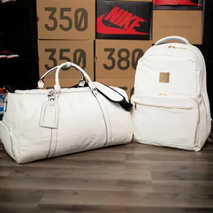 White Tumbled Leather 2 Bag Set (Commuter and Duffle)