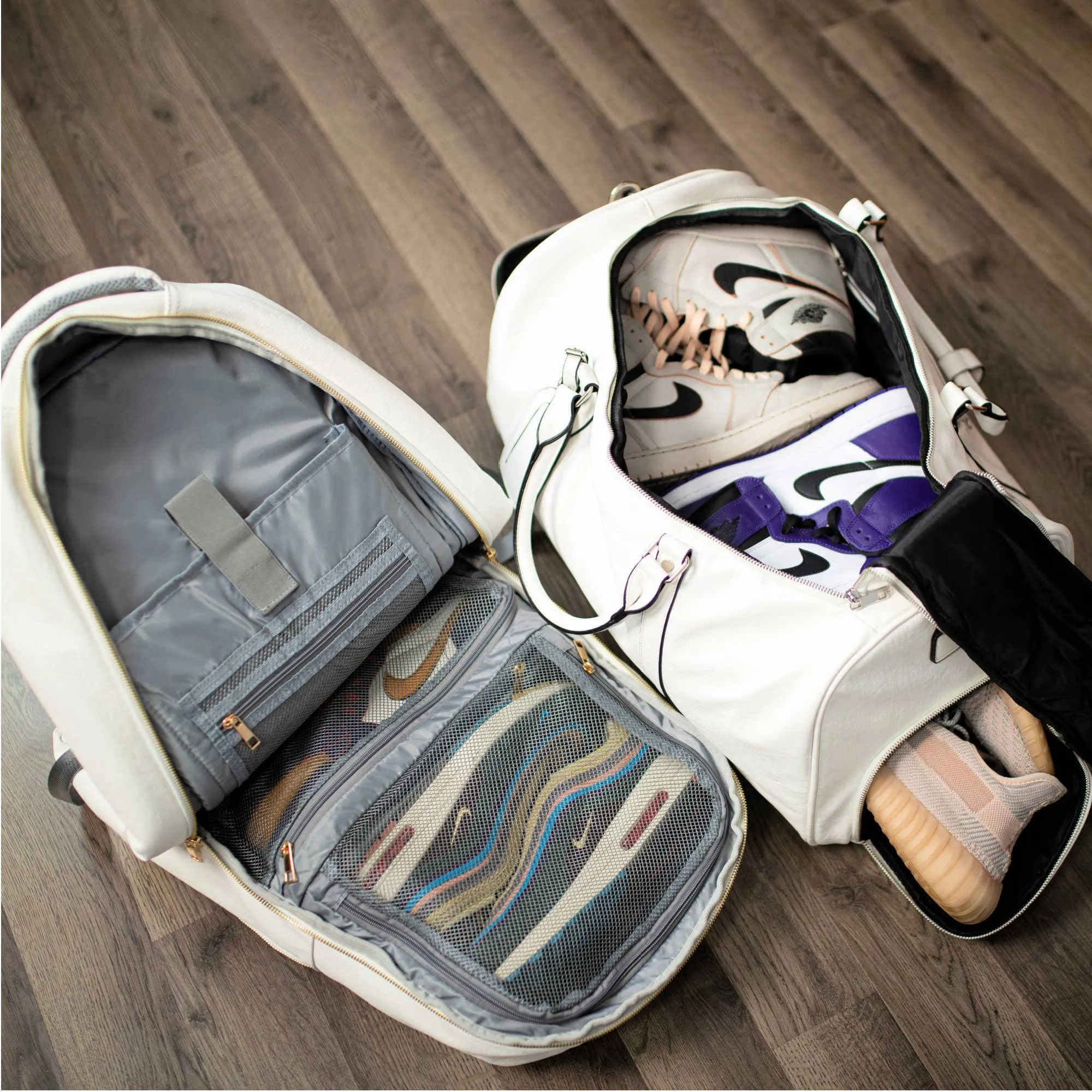 White Tumbled Leather 2 Bag Set (Commuter and Duffle)