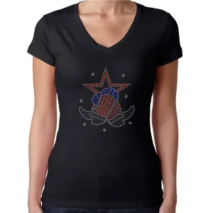 Womens T-Shirt Rhinestone Bling Black Fitted Tee Star Boots Country Cowgirl